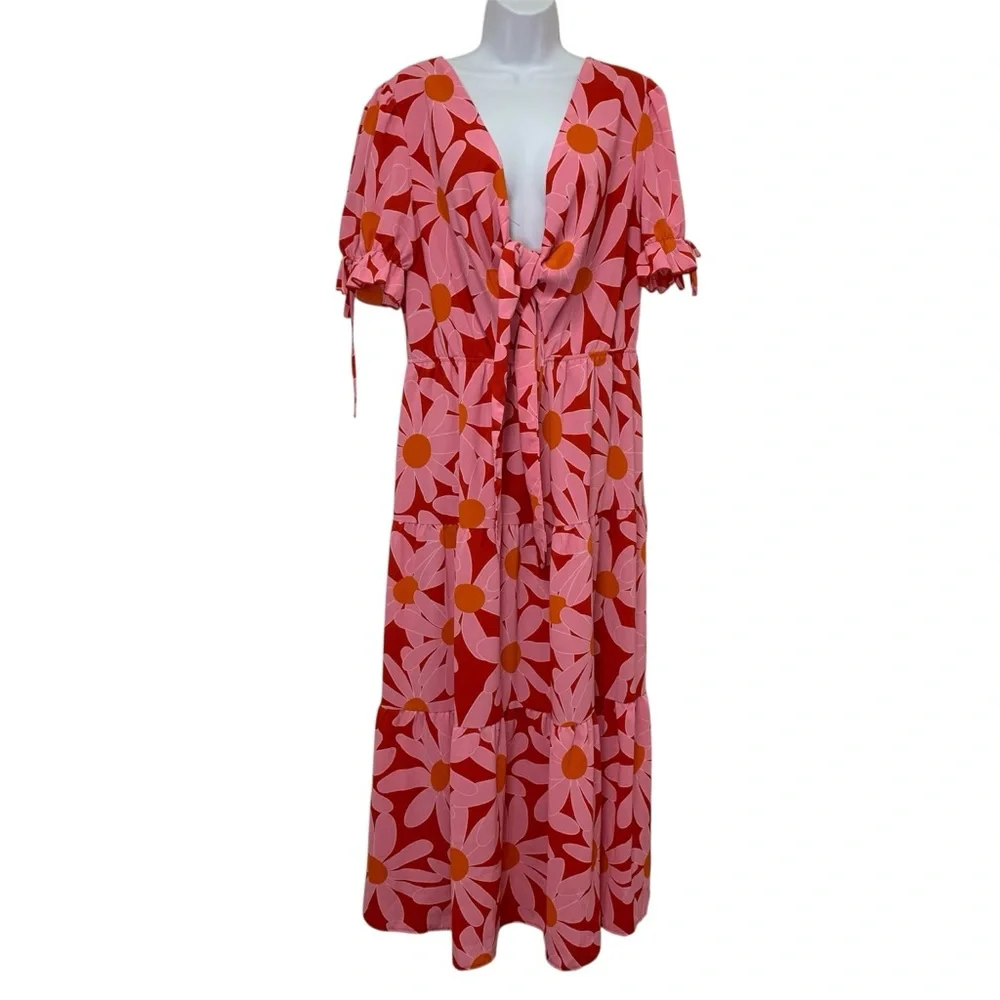 BTFBM Women's XL Summer Boho Dress Tie Front Deep V Neck Cutout Floral Pink Red - Picture 4 of 9